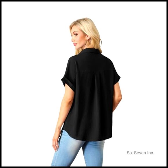 Short Sleeve Button Down Shirt V Neck Loose Fit Casual Top with Pocket - Picture 4 of 7